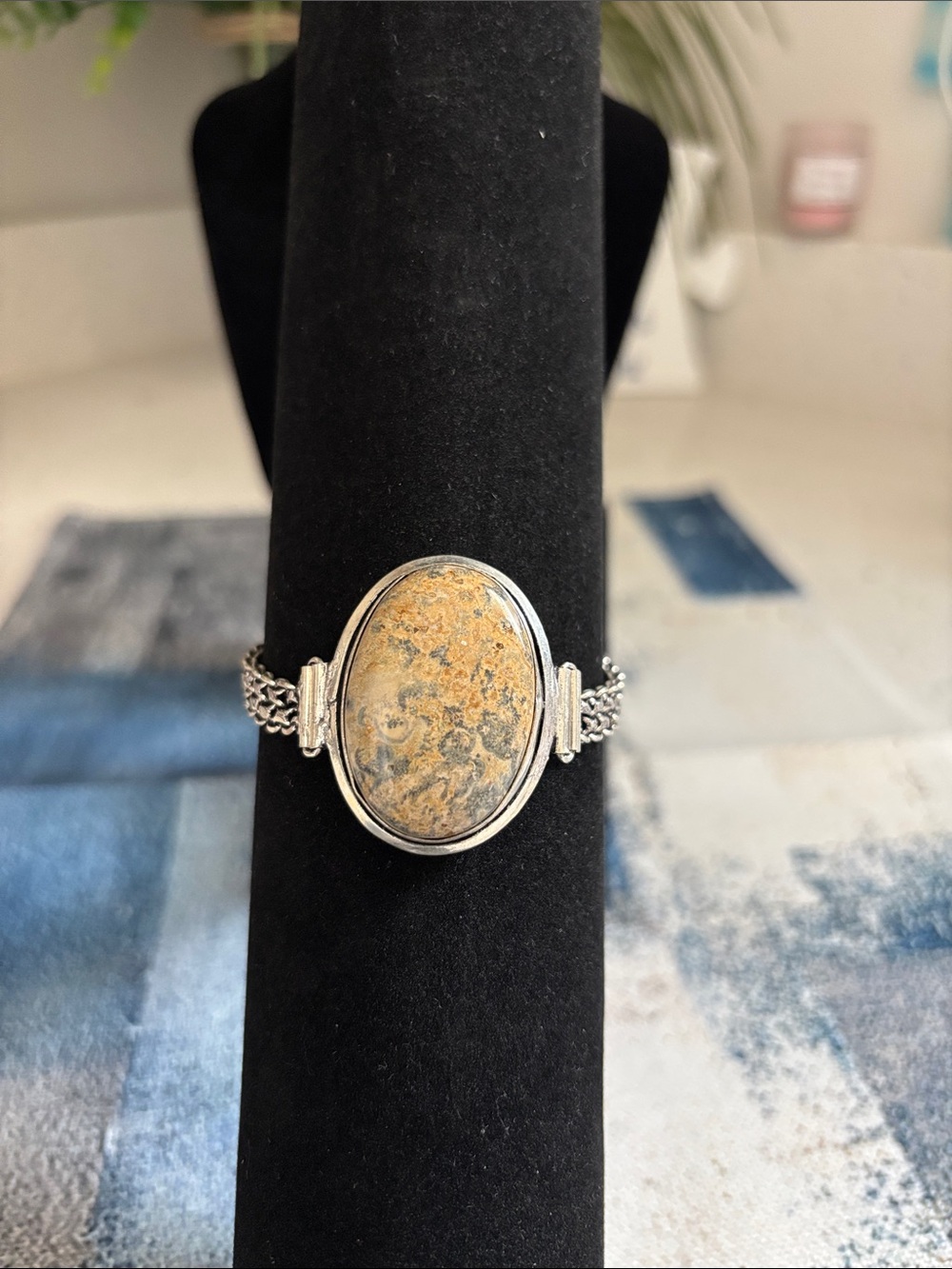 Sterling Silver Beige Jasper Gemstone Oval Bracelet